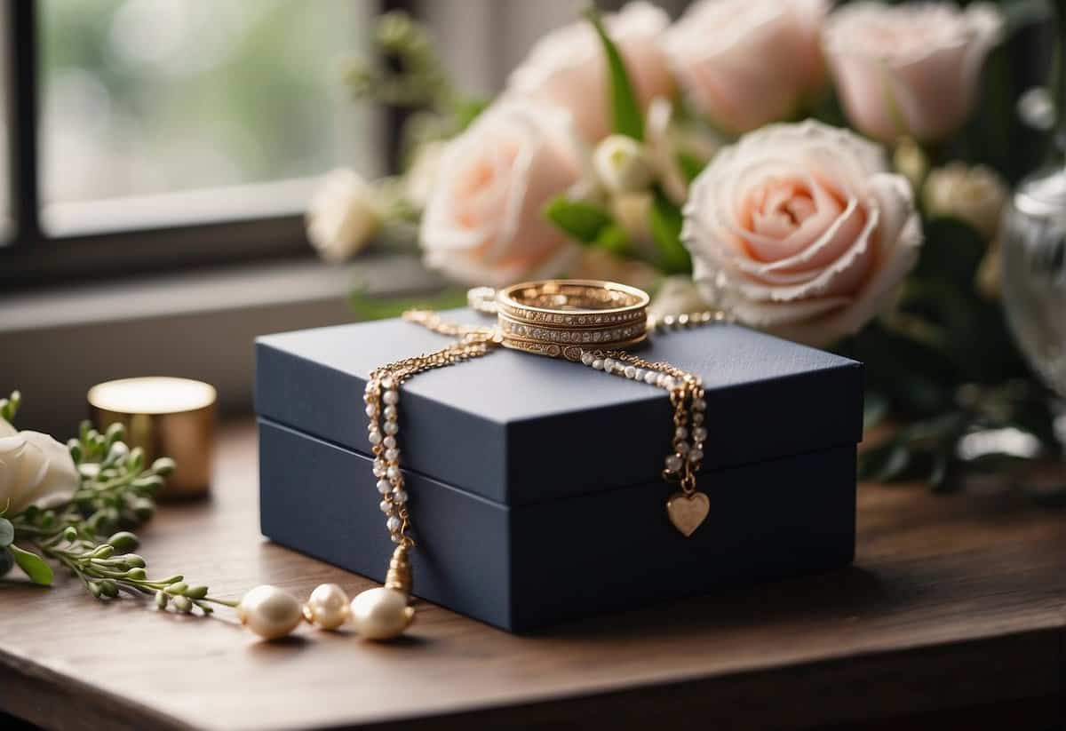 A beautifully wrapped jewelry box sits on a table, next to a handwritten note and a delicate bouquet of flowers