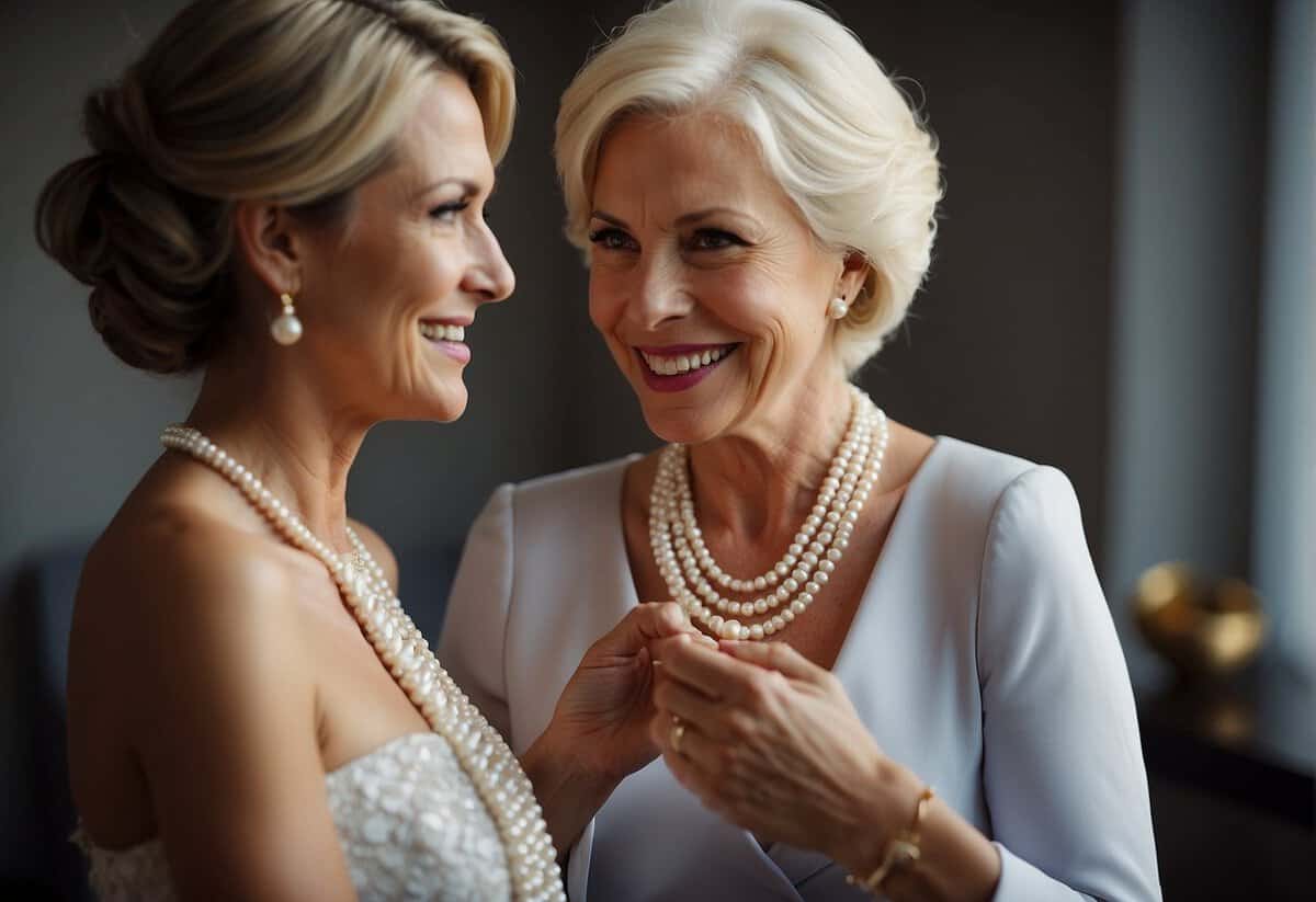 A mother-in-law presents a delicate pearl necklace to the bride, symbolizing love and acceptance