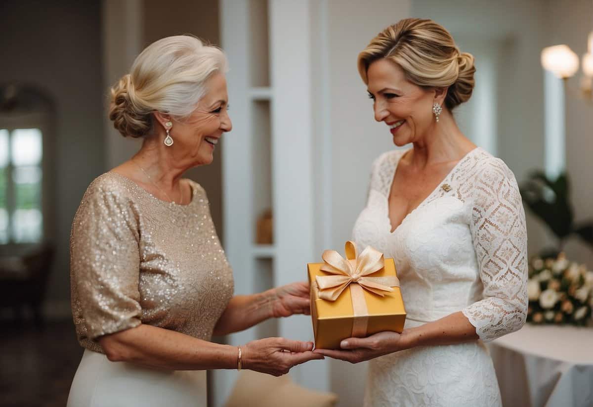 A mother-in-law presents a gift to a bride, with a smile and anticipation