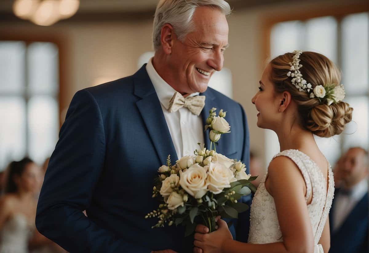 A father congratulates his daughter on her wedding day, expressing love and pride