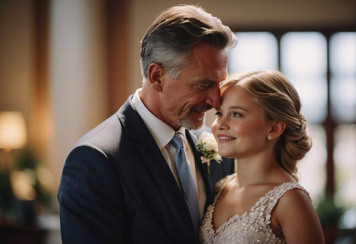 A father embraces his daughter, sharing heartfelt words on her wedding day