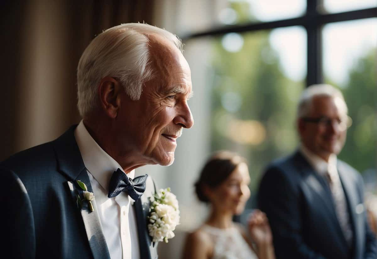 The father of the bride eagerly awaits his first look