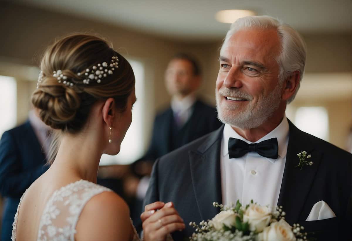 The father of the bride gazes lovingly at his daughter in her wedding dress before the ceremony begins