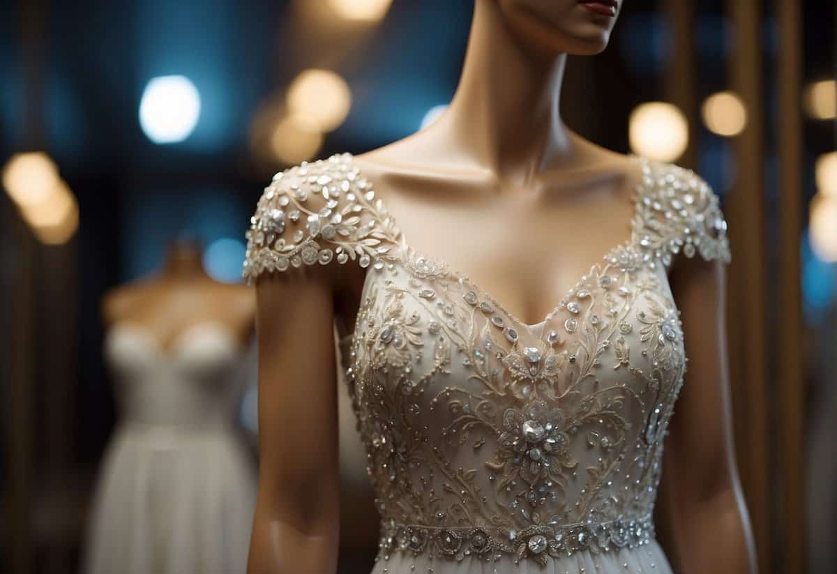 A flowing white gown hangs on a mannequin, adorned with delicate lace and shimmering beads
