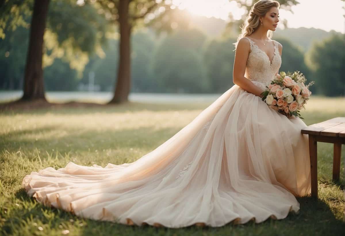 A serene outdoor setting with soft pastel tones, a warm color palette for a summer wedding. The bride's dress in a delicate shade of ivory or blush