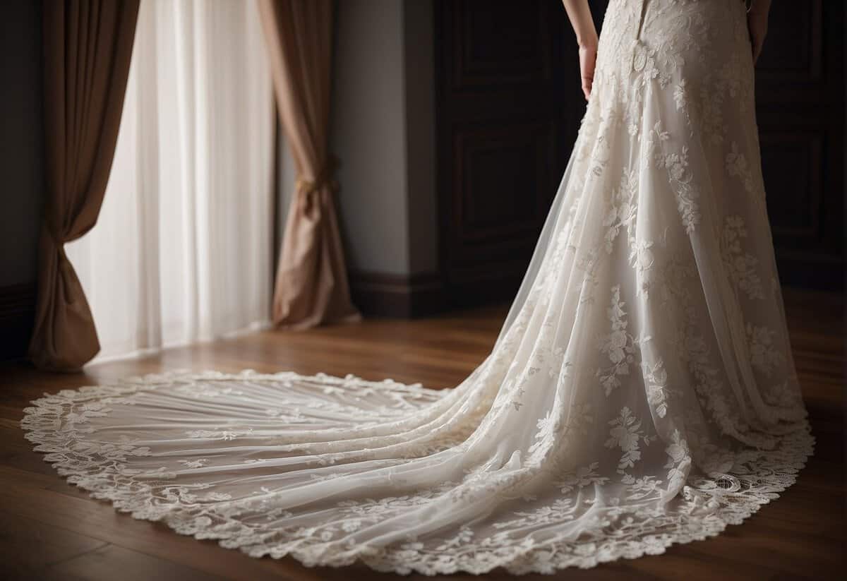 A bride's dress in traditional white with lace details, flowing fabric, and a long train