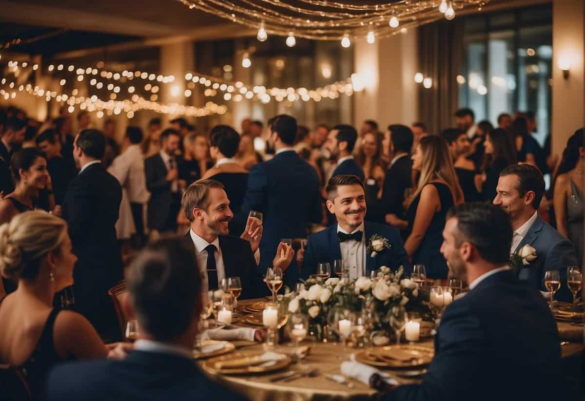 Guests mingling at a lively reception, with tables adorned in elegant decor and a dance floor filled with people celebrating