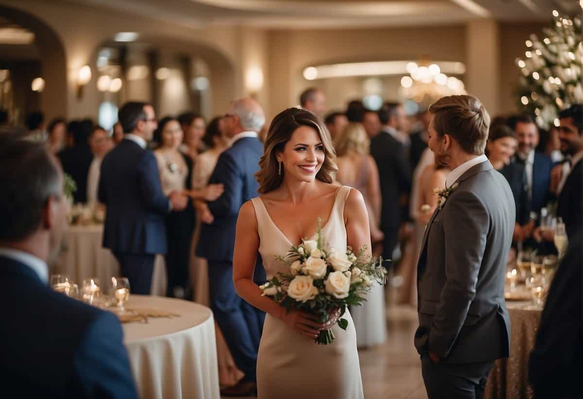 Guests entering a reception hall, greeting each other with smiles and hugs, tables adorned with elegant centerpieces, and a warm, celebratory atmosphere