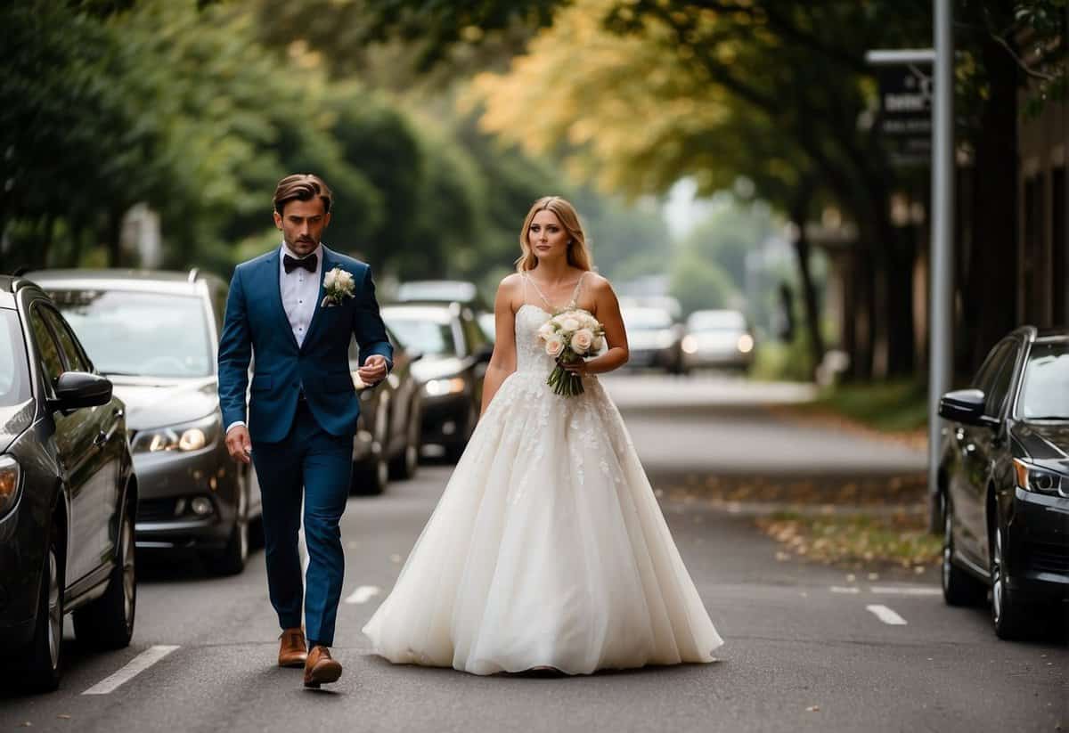 A person hesitates at a crossroads, one path leading to a wedding and the other to a reception. The uncertainty is evident in their posture and facial expression