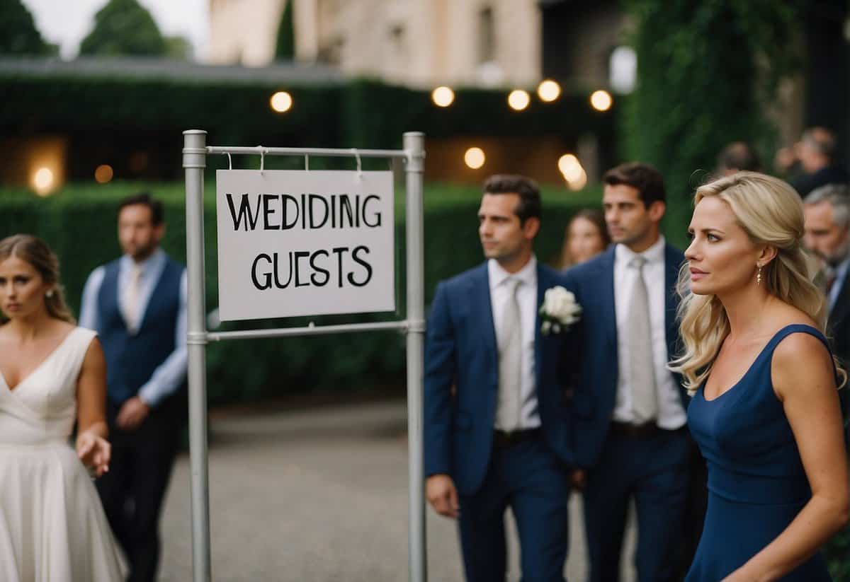 Guests arrive at a wedding venue, but are turned away from the reception area. Some look confused, others disappointed. A sign reads "Wedding Guests Only."