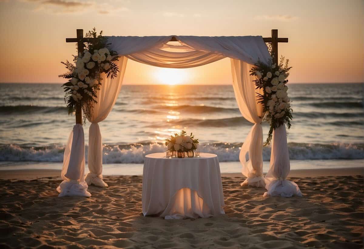 An intimate beach ceremony at sunset, with a simple altar and two chairs facing the ocean