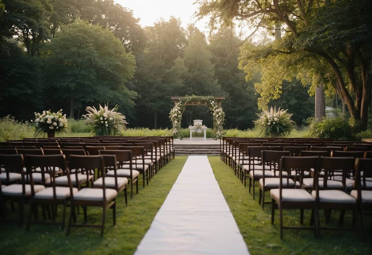 A deserted wedding venue with empty chairs and a lone altar, surrounded by lush greenery and a serene atmosphere