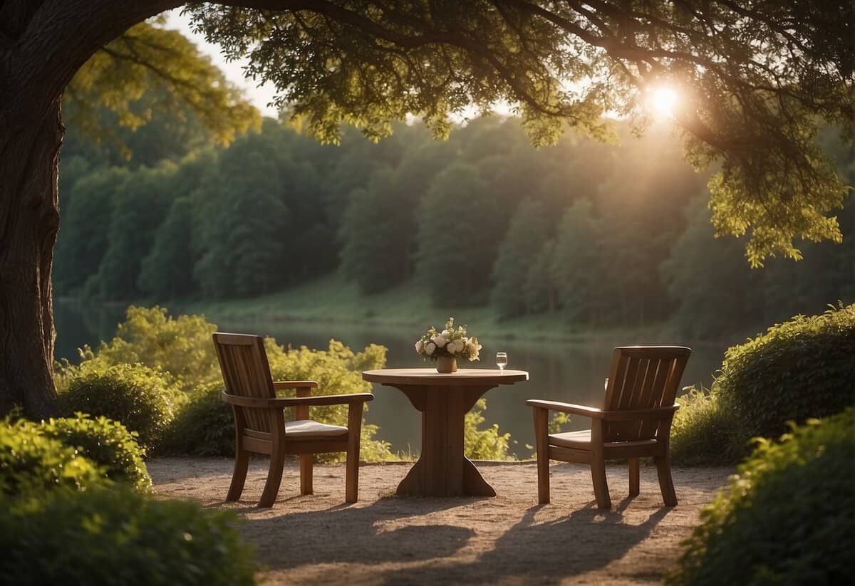 A serene outdoor setting with a simple altar and two chairs facing each other, surrounded by nature and natural beauty
