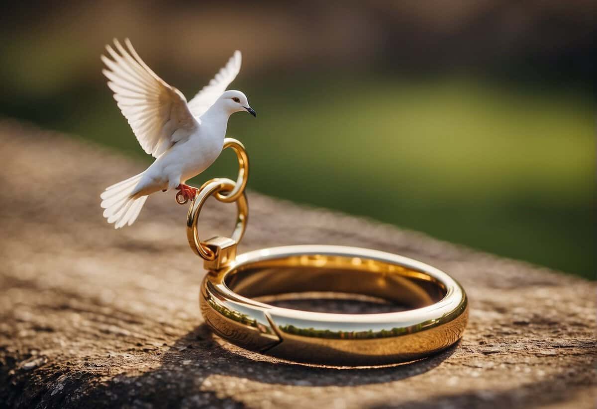 A golden ring, a heart-shaped lock, and a pair of doves flying together symbolize the promises of love, loyalty, and lifelong commitment in marriage