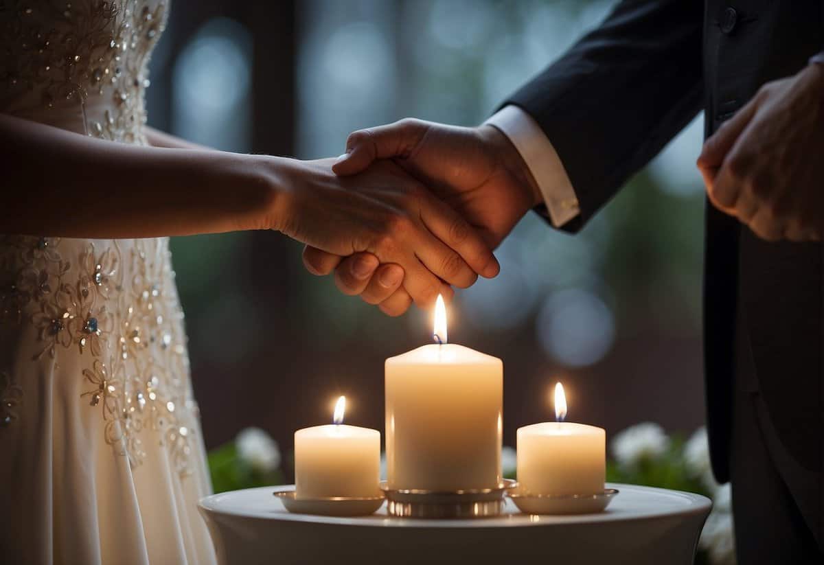 A couple stands facing each other, exchanging vows. A ring is exchanged, symbolizing commitment. A unity candle is lit, signifying the merging of two lives