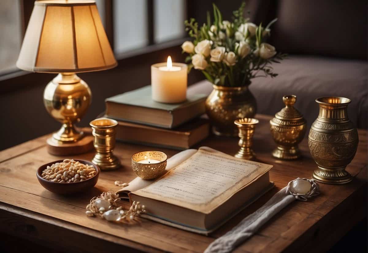 A table with seven symbolic items representing the vows of marriage: a lamp, a mirror, a bowl of water, a piece of cloth, a set of grains, a book, and a pair of sandals
