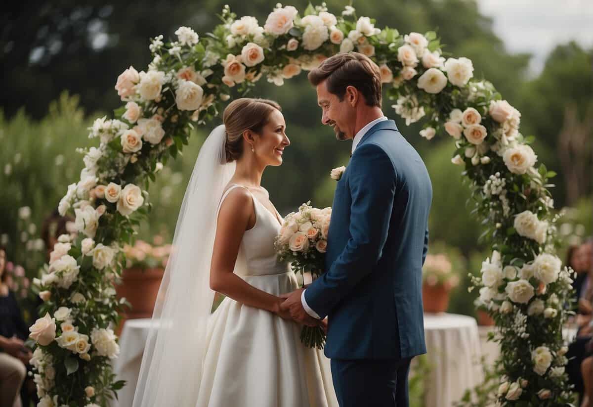 A couple stands beneath a floral arch, exchanging seven vows of marriage. The setting is serene and traditional, with a sense of solemnity and commitment