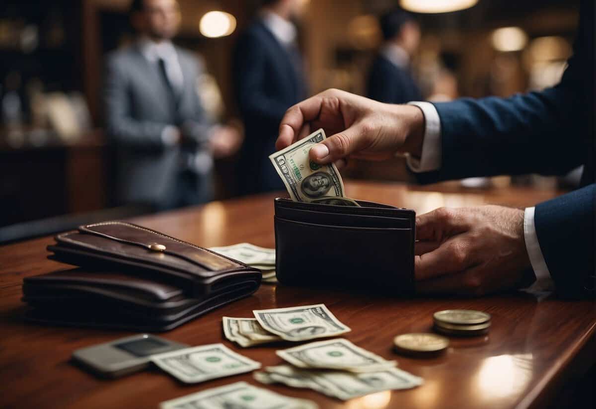 A hand reaches into a wallet, pulling out money to pay for the best man's suit at a tailor's shop