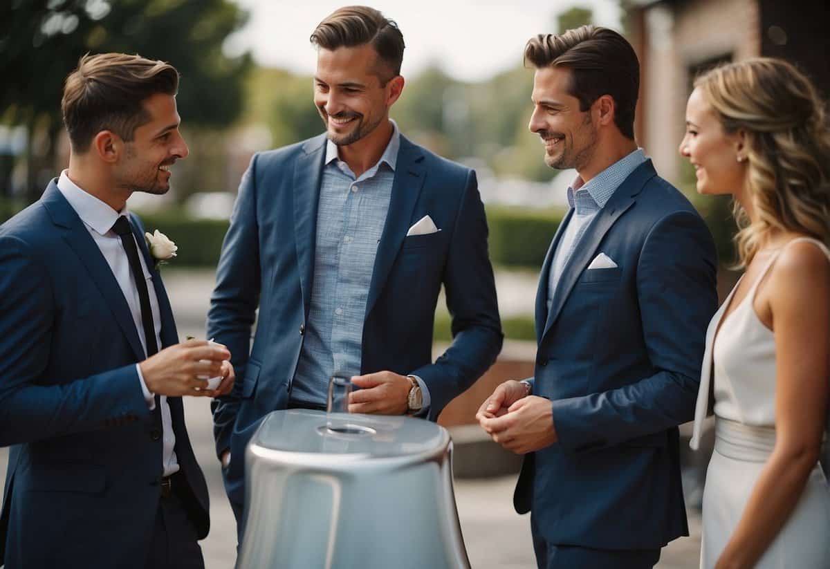 A group of individuals discussing and comparing different options for purchasing the best man's suit for an upcoming wedding