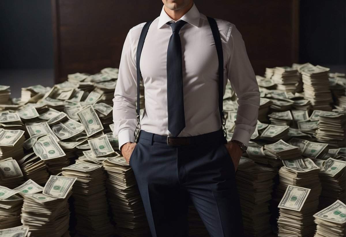 A neatly hung suit jacket with a crisp white shirt and tie, surrounded by question marks and a pile of cash