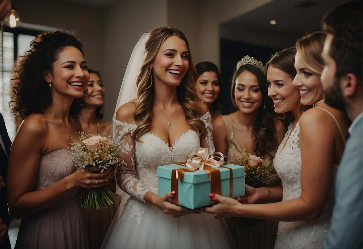 A group of friends gathers around the bride, presenting her with gifts and celebrating her upcoming wedding
