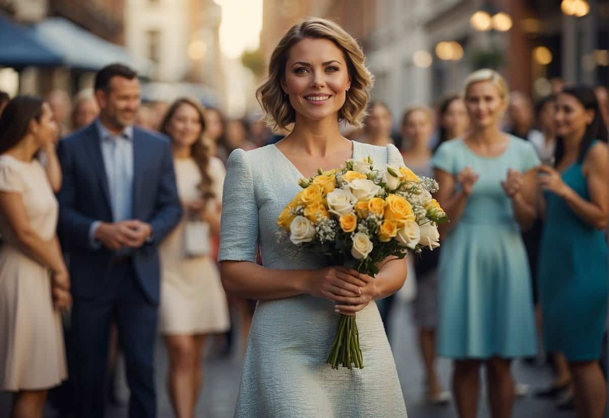 A woman in an elegant dress stands confidently, surrounded by well-wishers and holding a bouquet. Another woman looks on with a mix of pride and emotion