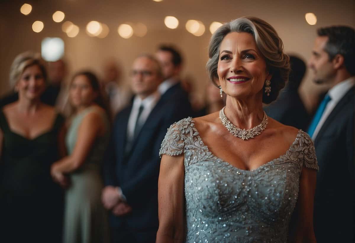 A mother of the bride stands center stage, adorned in elegant attire, radiating confidence and warmth. A mother of the groom stands slightly off to the side, looking on with pride and support