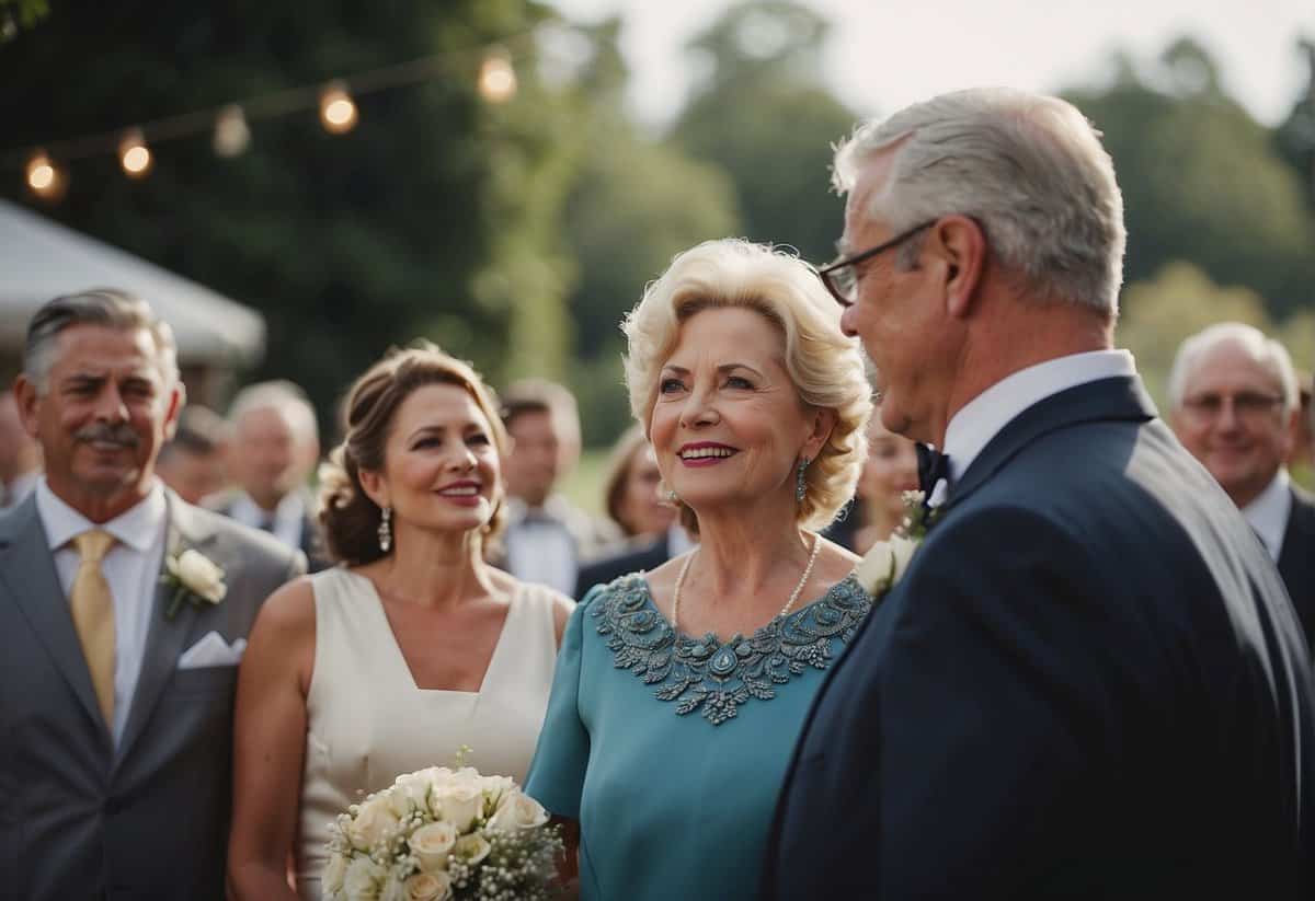 The mother of the bride stands confidently, surrounded by a group of attentive guests, while the mother of the groom looks on with a mix of admiration and envy