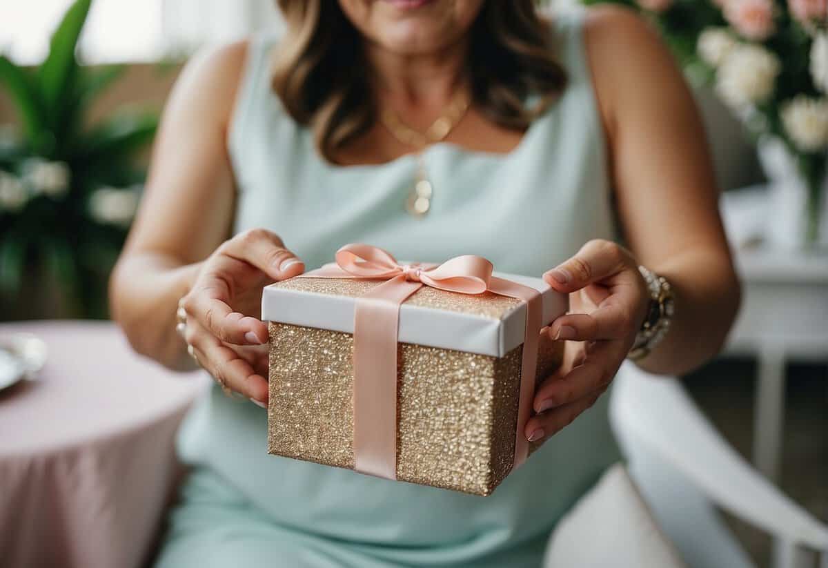The mother of the bride presents a gift at a bridal shower