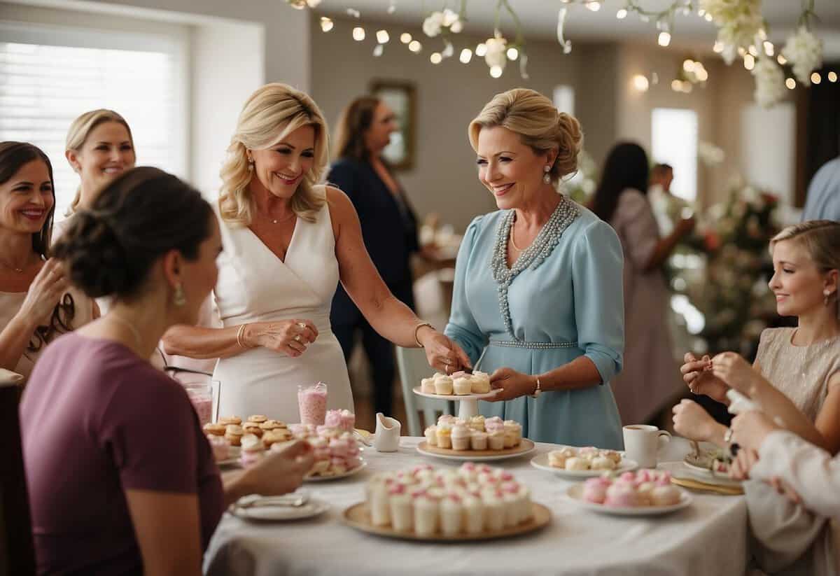 The mother of the bride organizes a bridal shower, arranging decorations, gifts, and activities to celebrate her daughter's upcoming wedding