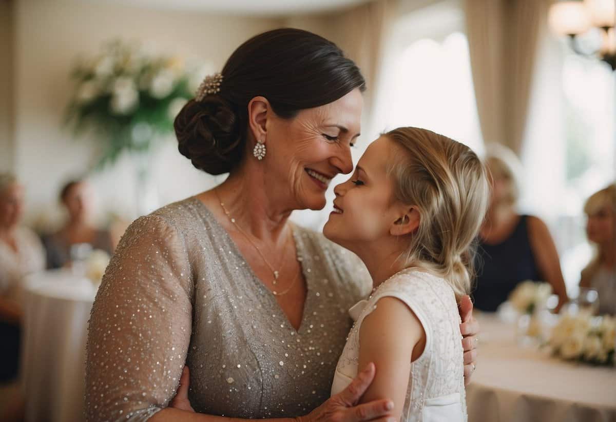 The mother of the bride embraces her daughter, offering emotional support at the bridal shower