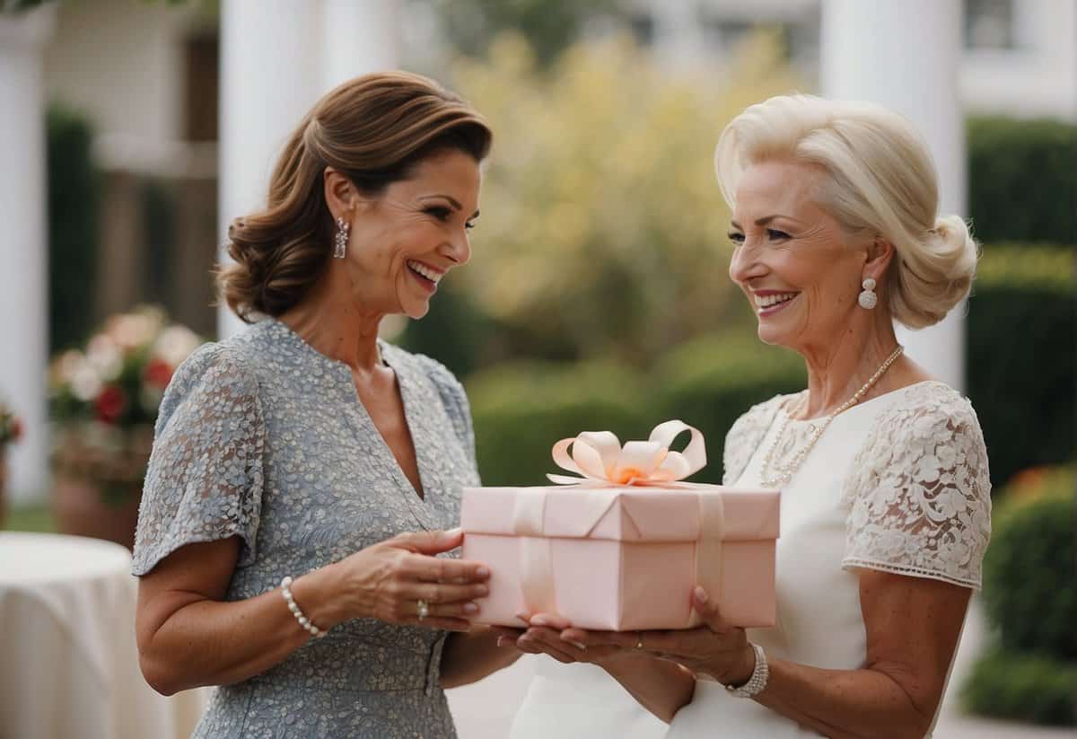 The mother of the bride presents her daughter with a bridal shower gift on the day of the celebration