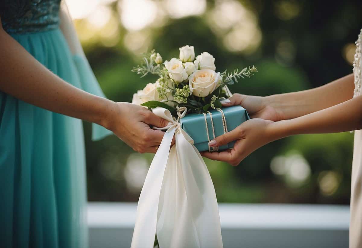 Maid of honor presents gift to bride at wedding