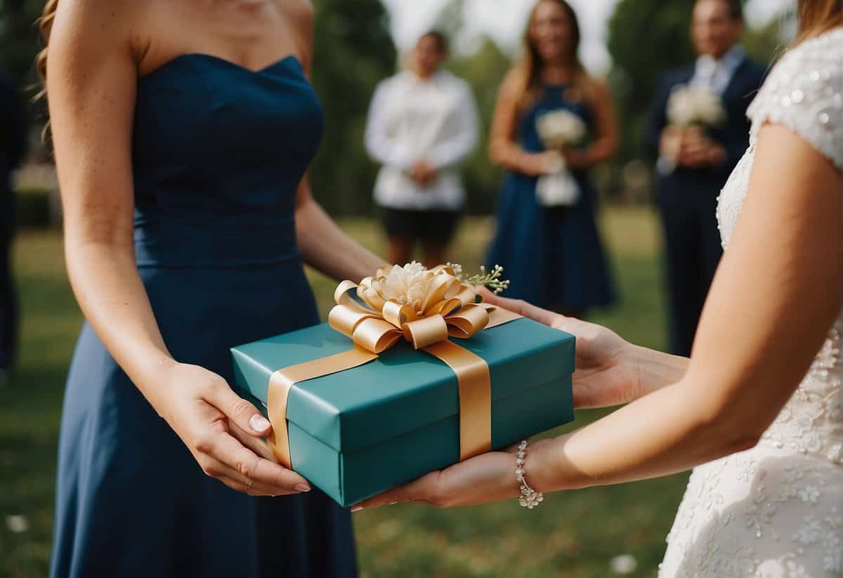 Maid of Honor presents a gift to the bride at the wedding