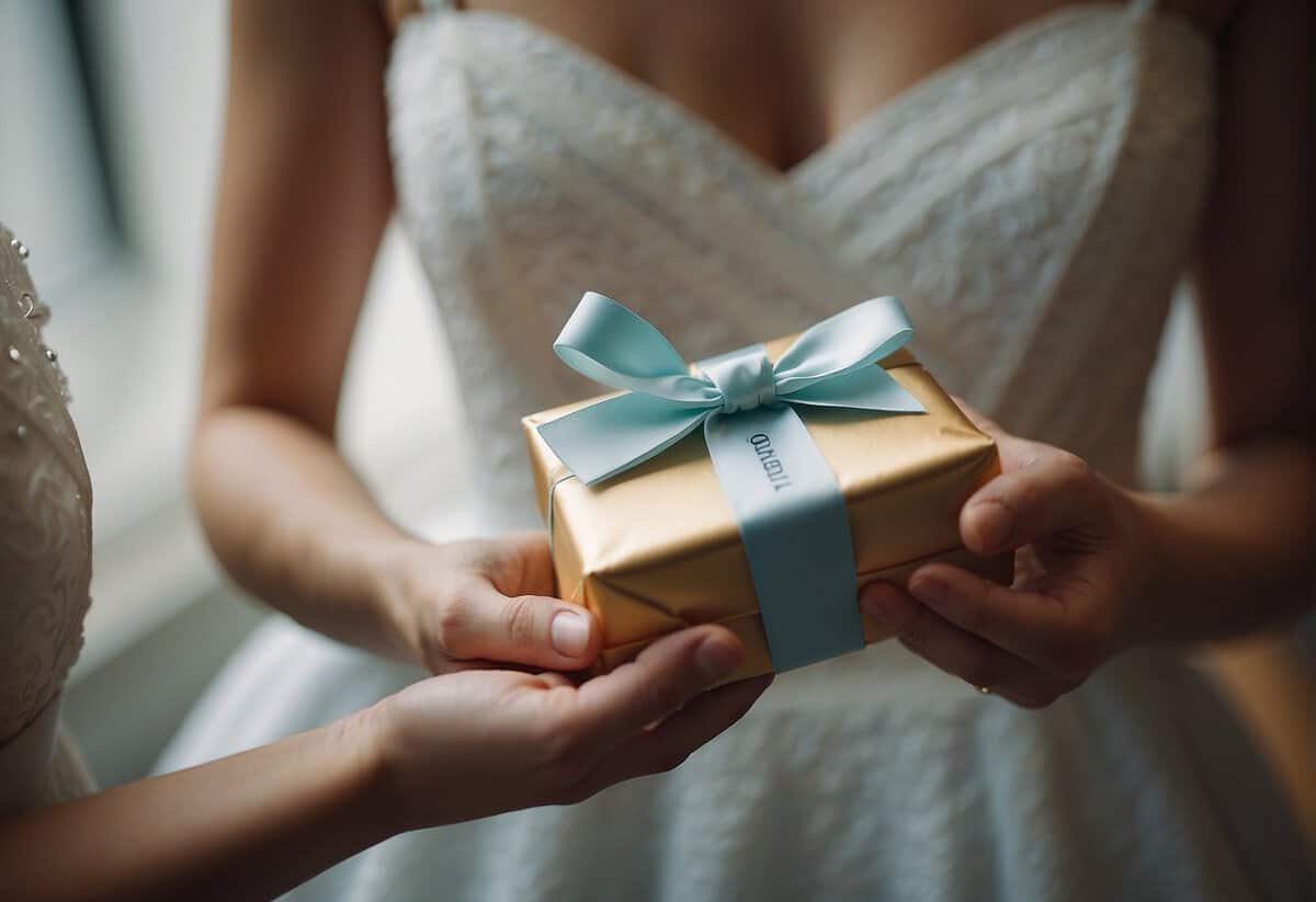The maid of honor presents a beautifully wrapped gift to the bride, with a bow and a tag that reads "To the Bride, with love."