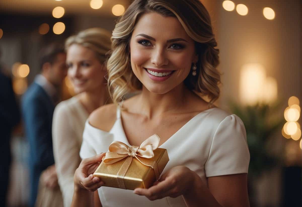 The maid of honor presents a gift to the bride, symbolizing their special bond and the tradition of exchanging presents