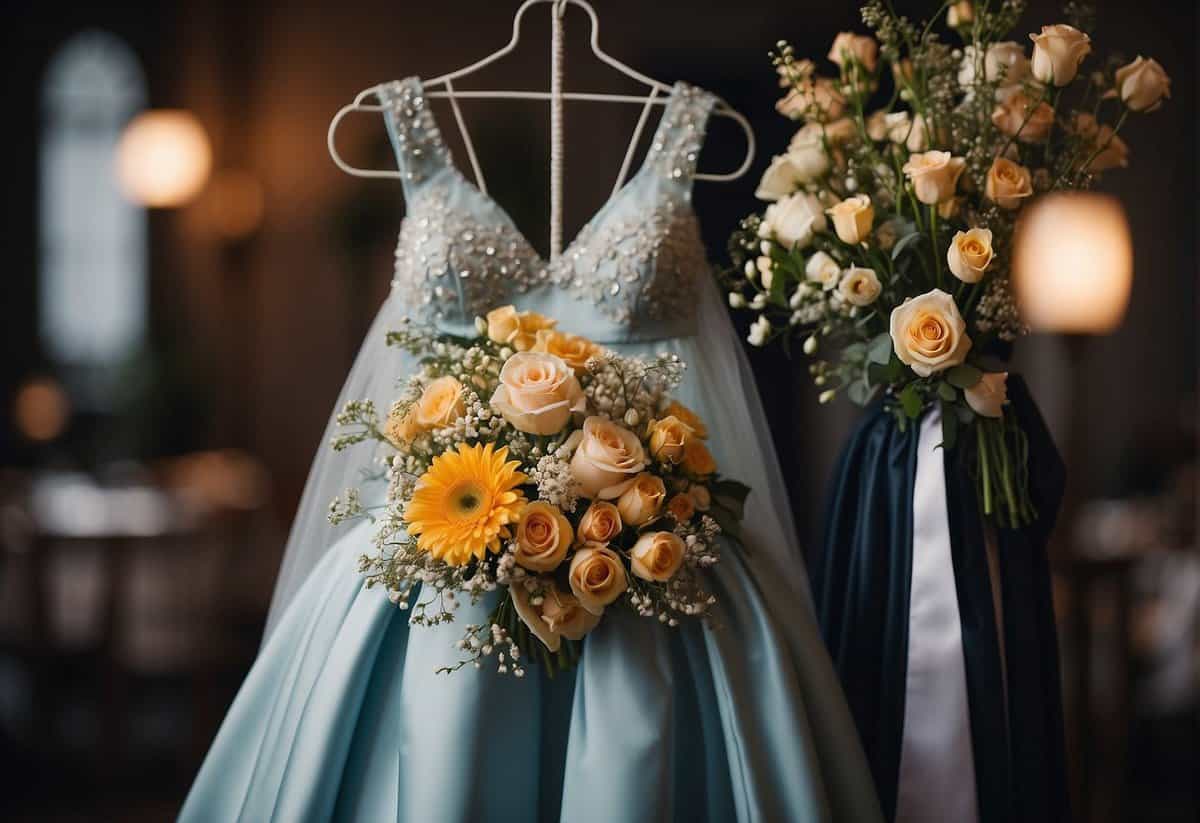 A bouquet of flowers and a fancy dress on a hanger, symbolizing the importance of the maid of honor role