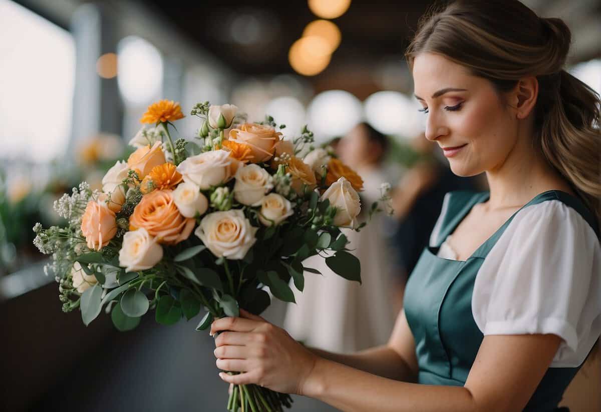 Maid of honor organizes logistics, holding dress and flowers