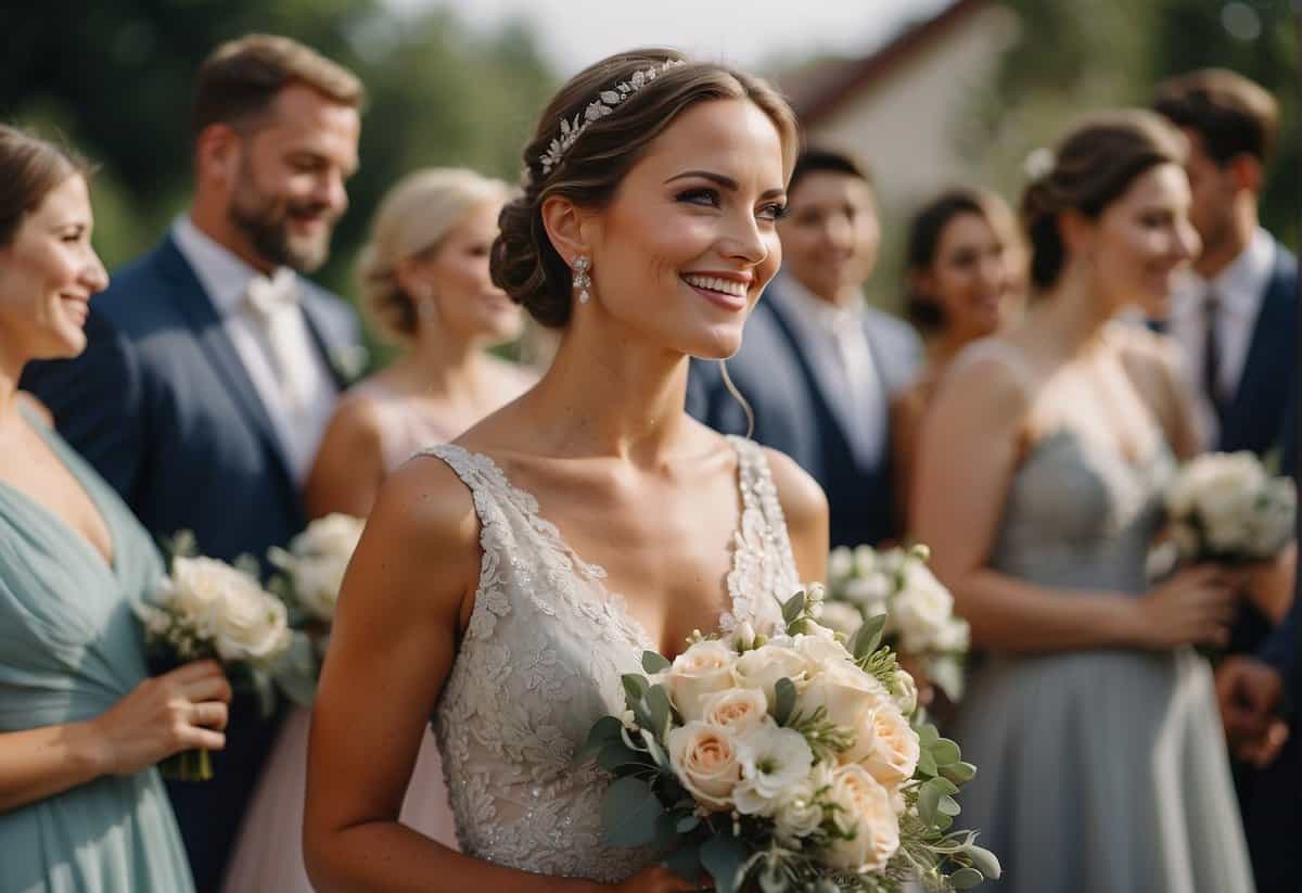 The maid of honor stands out, surrounded by wedding guests, holding a bouquet and wearing a distinctive dress