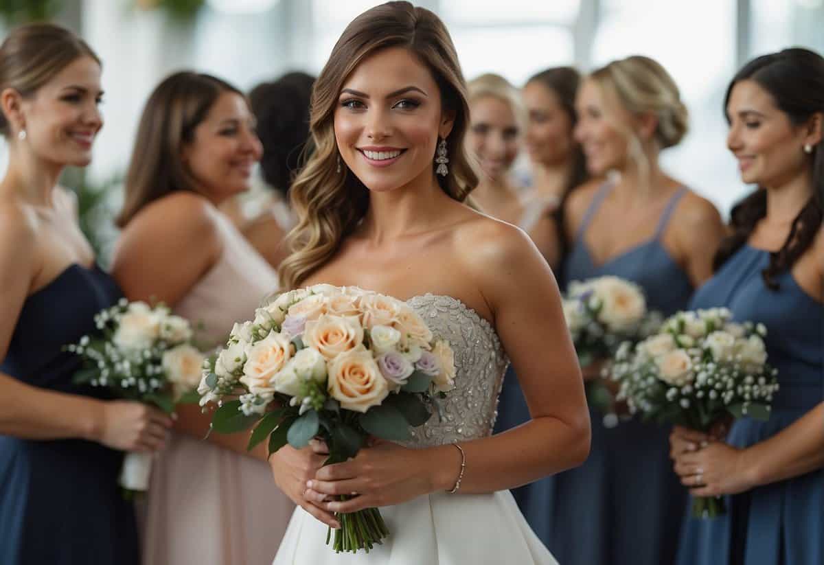 A woman in a formal dress stands at a wedding, holding a bouquet. She looks towards the bride with a smile, surrounded by other bridesmaids