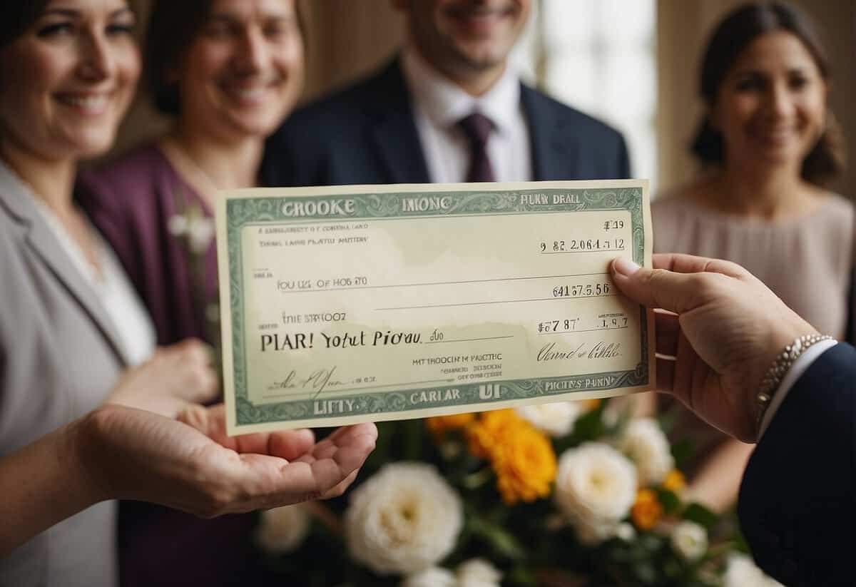 A groom's family hands over a cheque to the bride's family, symbolizing the tradition of the groom's family paying for the wedding in the UK