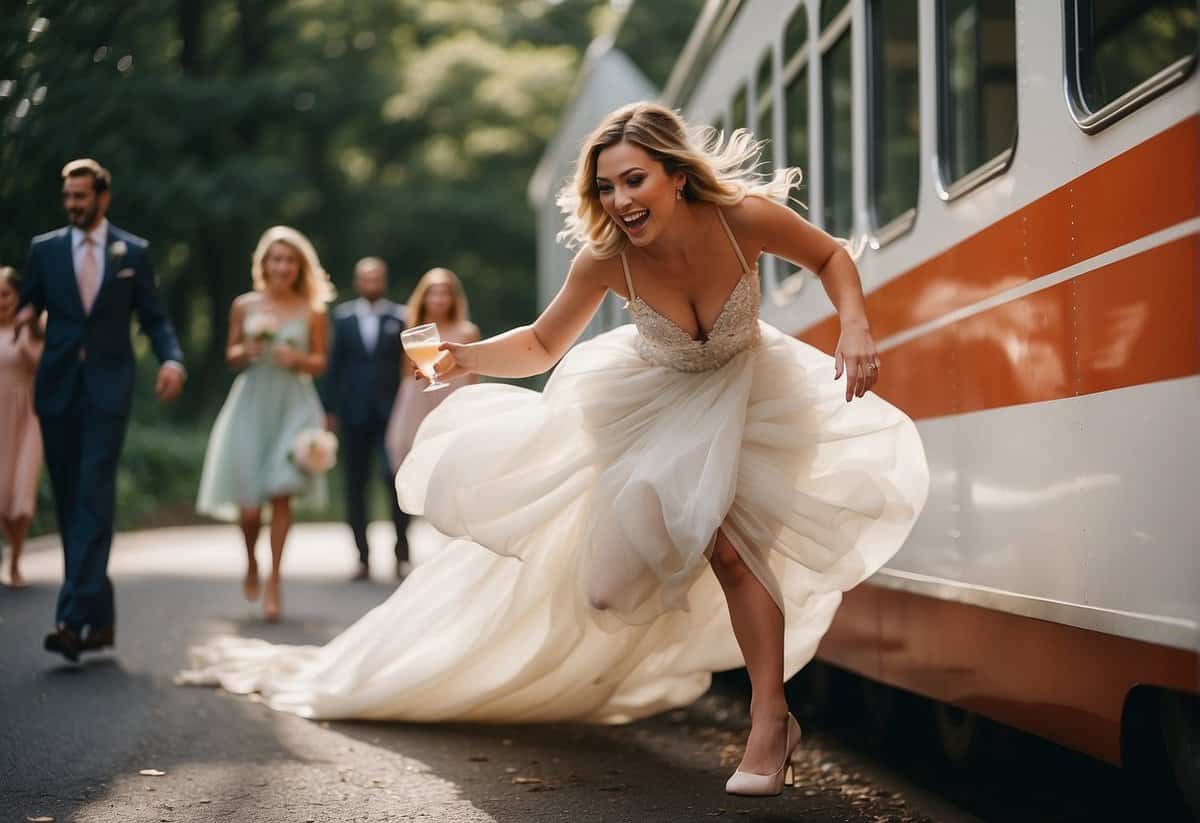 A bridesmaid tripping over her dress, spilling a drink, and stepping on the bride's train