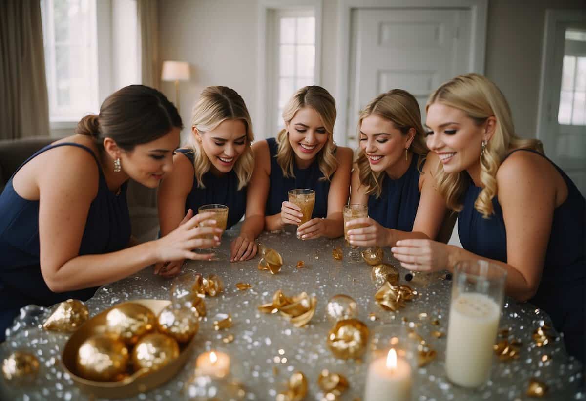 A group of bridesmaids making a mess with spilled drinks and scattered decorations, looking stressed and overwhelmed