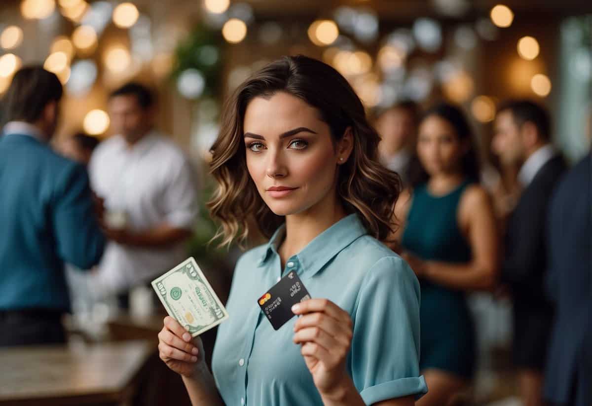 A bridesmaid holding a credit card, surrounded by scattered bills and a confused expression