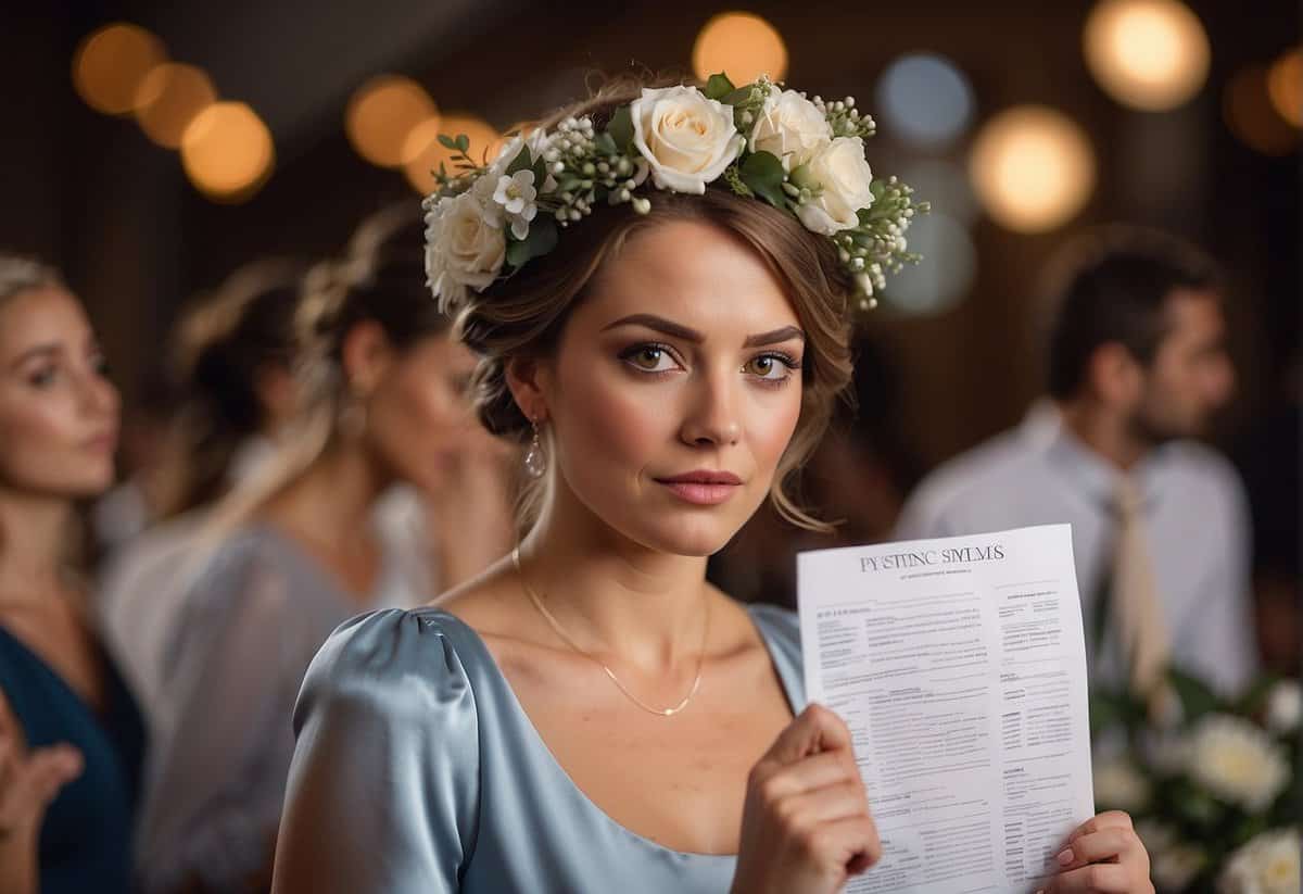 Bridesmaid looking puzzled at a list of "what not to do" questions, surrounded by wedding items
