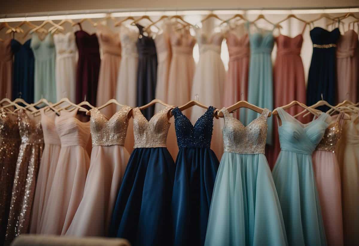 A table covered in elegant bridesmaid dresses, sparkling jewelry, and designer shoes. Price tags and receipts scattered around