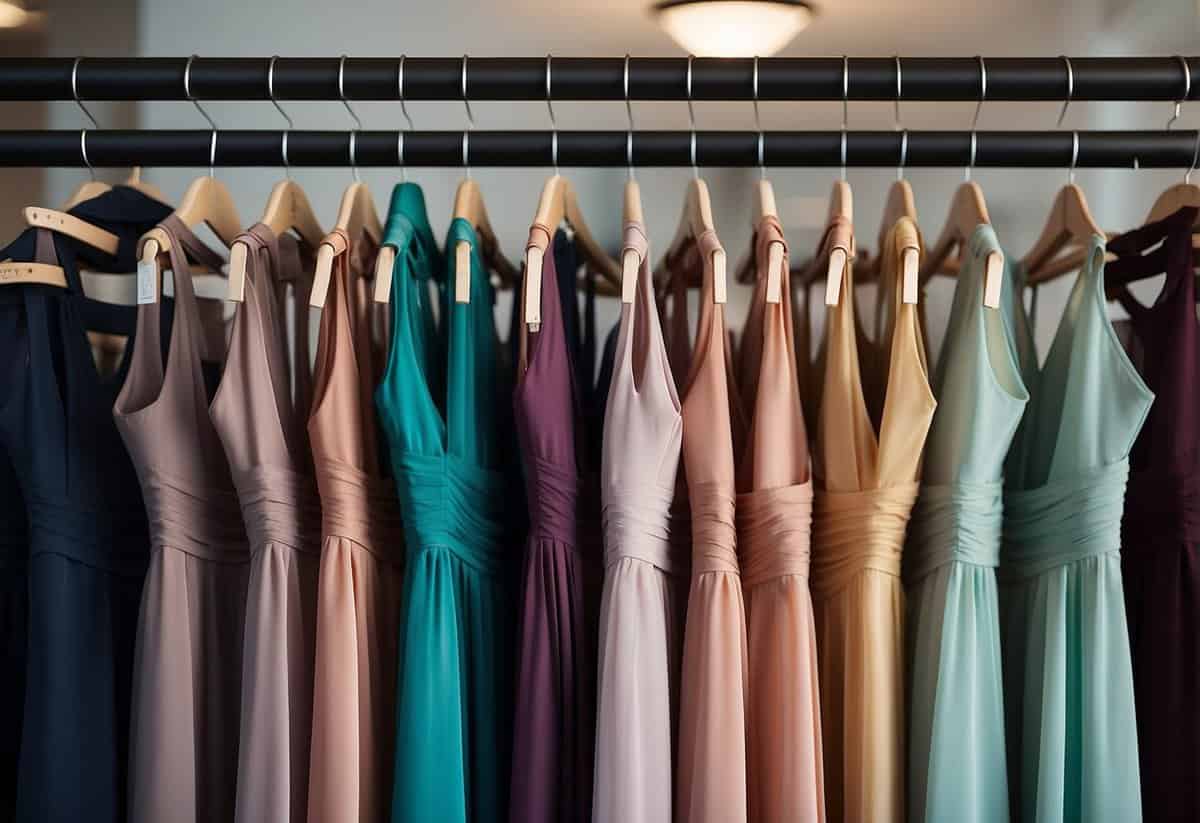 A group of bridesmaid dresses hanging on a rack in a boutique, with price tags clearly visible