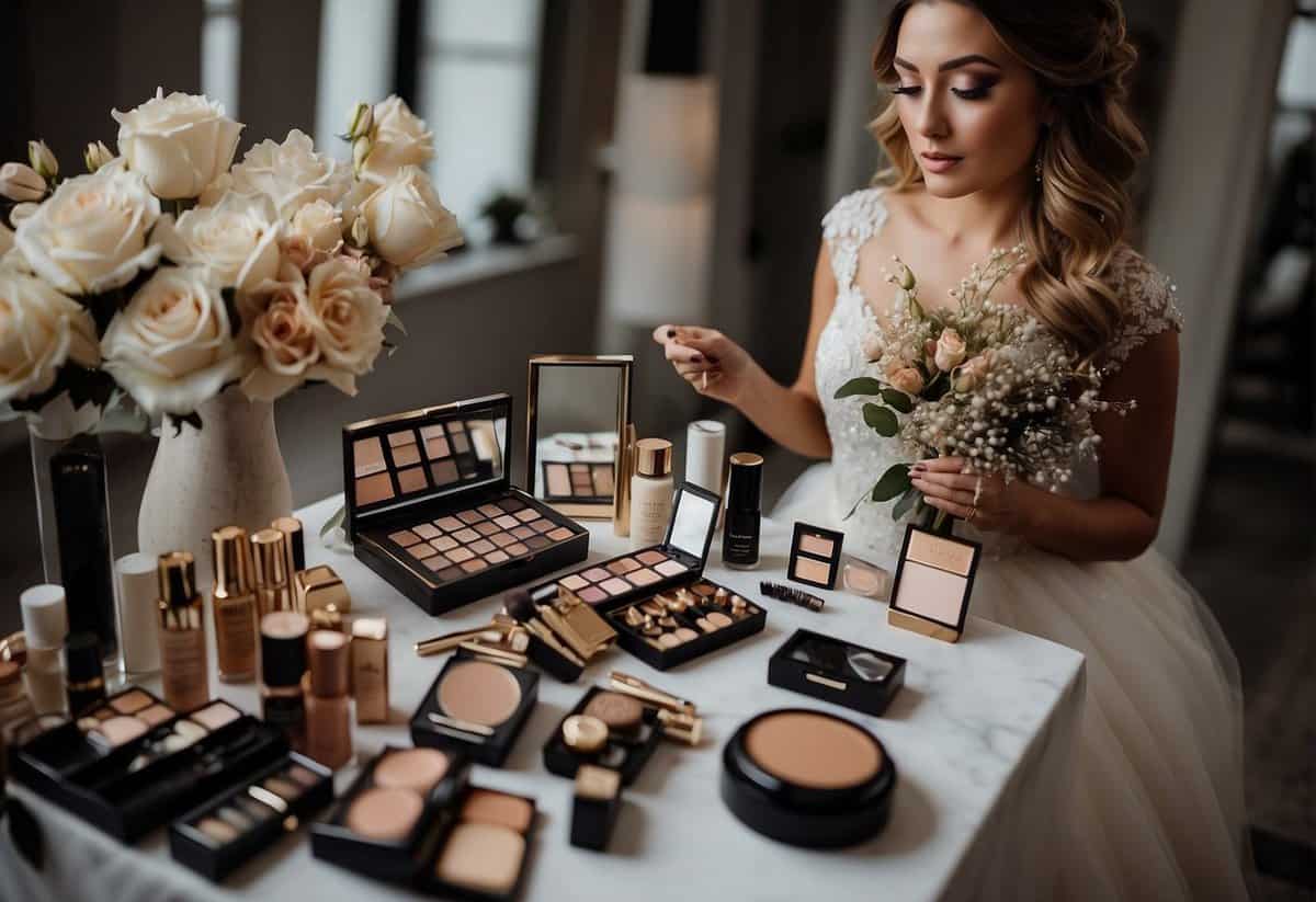 A bridal makeup artist surrounded by high-end products and tools, with a price list showing higher rates for bridal makeup compared to bridesmaids