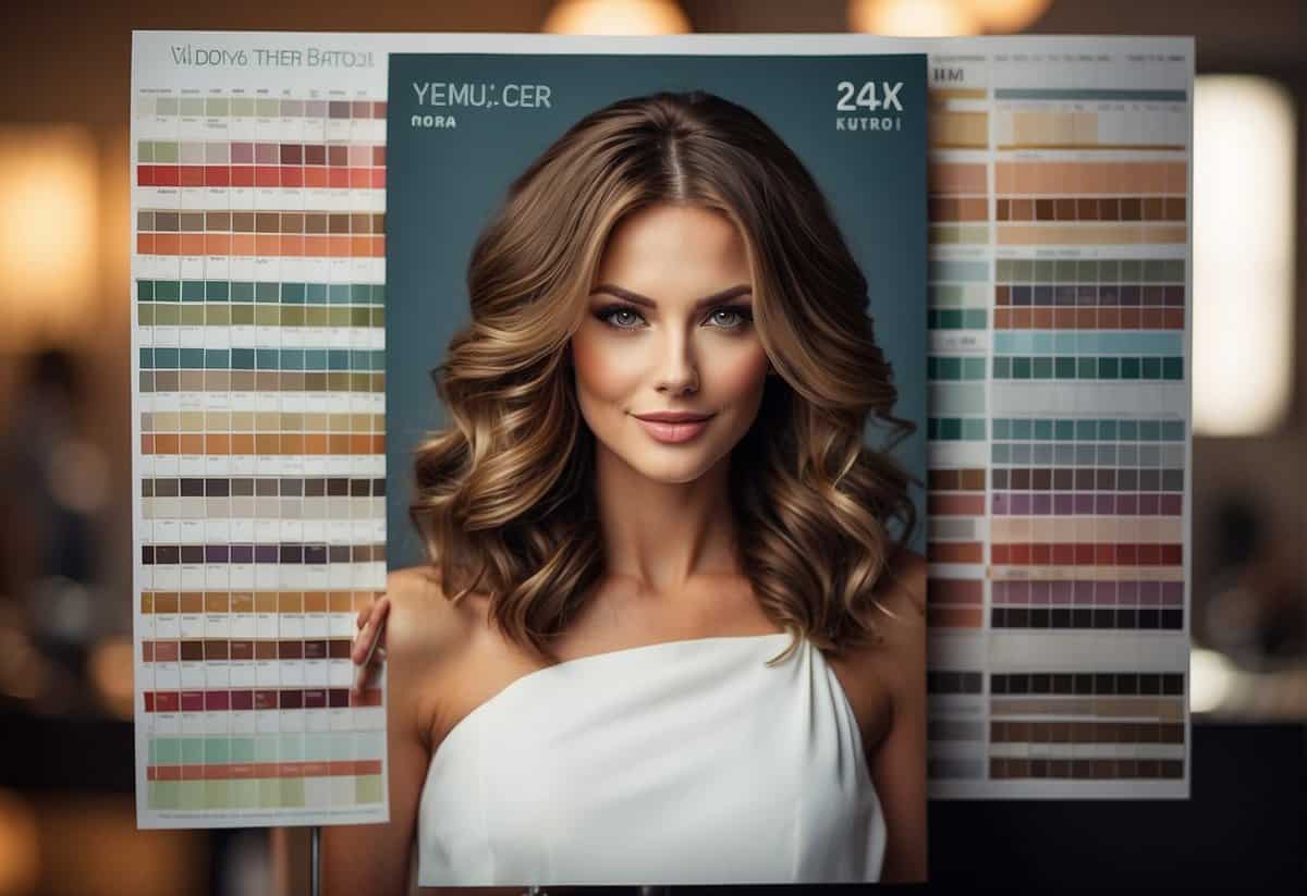 A calendar with the wedding date circled, a hair salon sign, and a woman's profile with hair color swatches