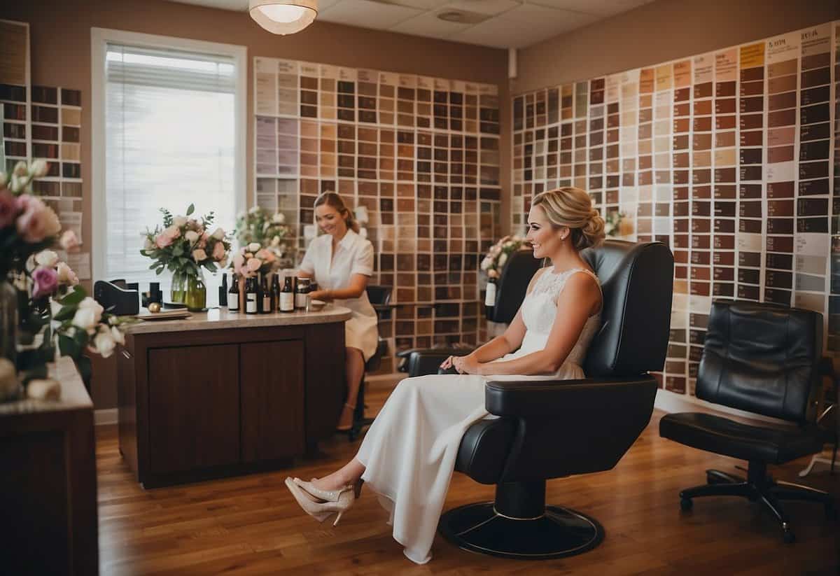 A bride-to-be sits in a salon chair, surrounded by hair color swatches and a stylist mixing dye. A calendar on the wall marks the wedding date